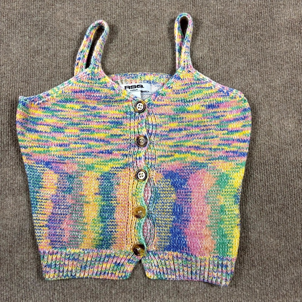 RSQ Crop Tank Top Womens Medium Multicolor Knit Wide Strap V Neck Button Front